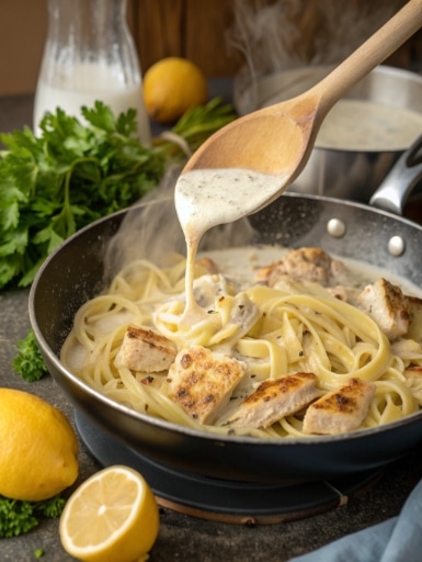 cooking lemon chicken pasta with dairy substitute