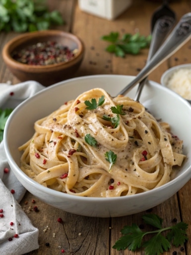 creamy jerk alfredo pasta in white bowl fettuccin