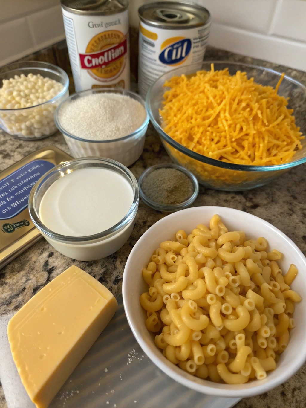 creamy macaroni and cheese ingredients with evapor
