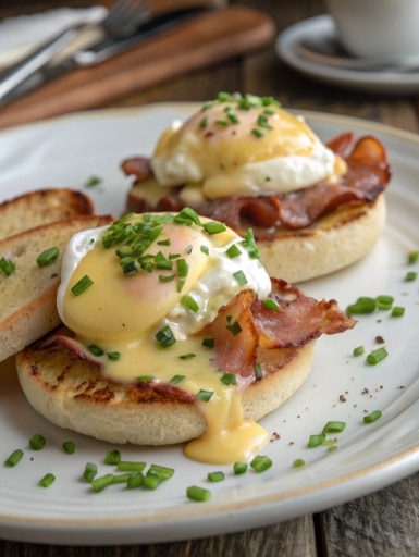 eggs benedict poached eggs on english muffin with