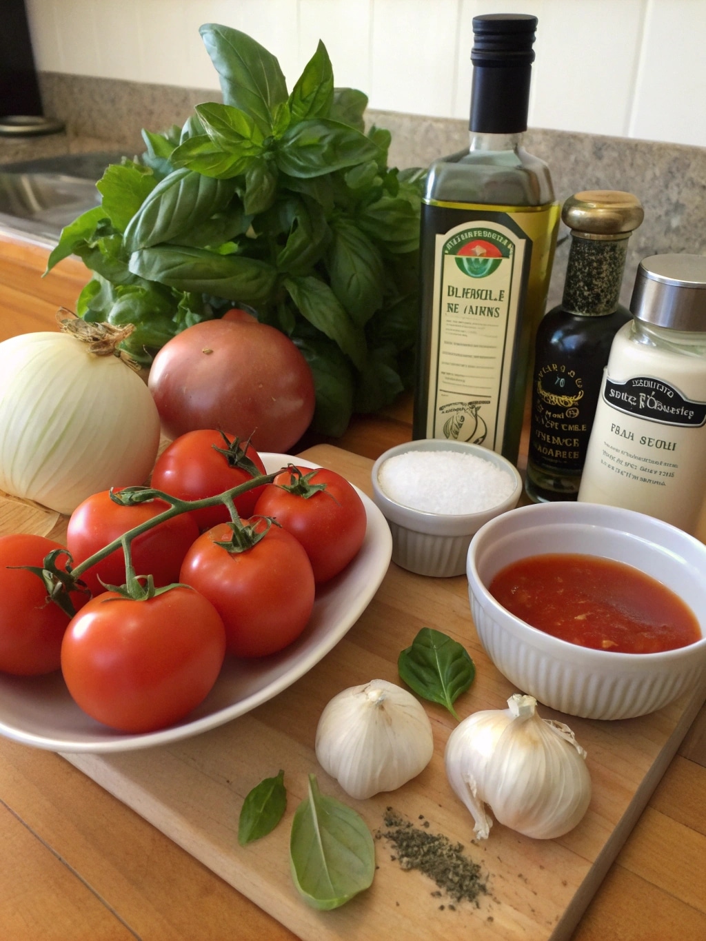 raw ingredients for tomato soup on a kitchen surfa