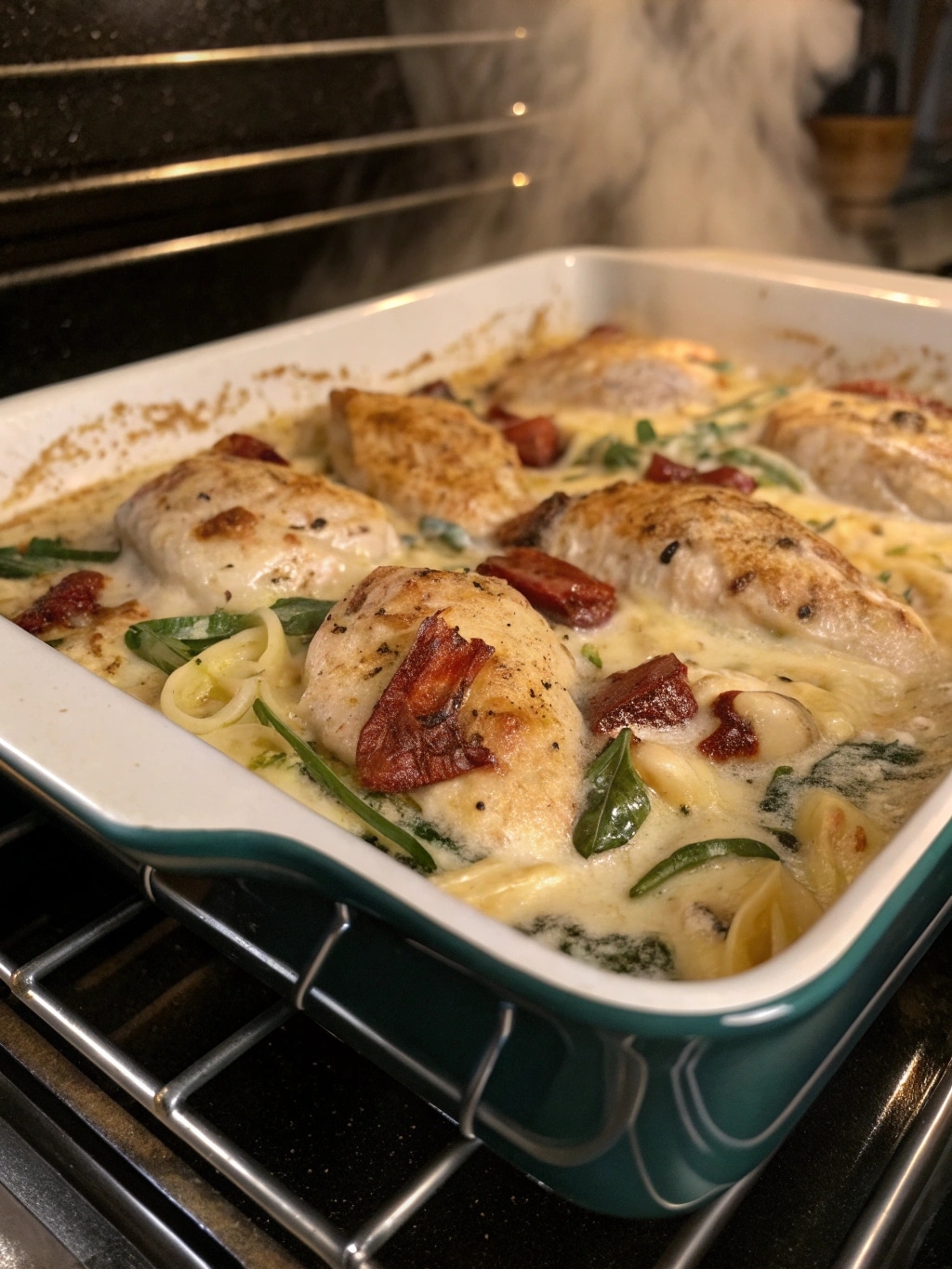 tuscan chicken casserole cooking in the oven baki