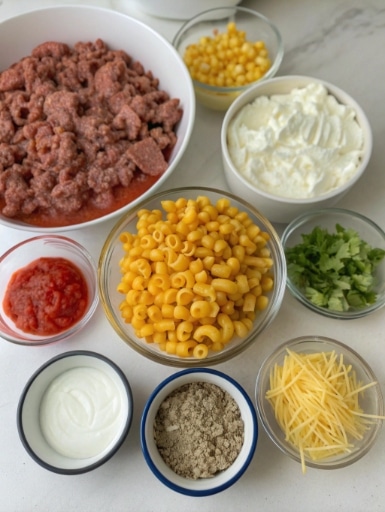 creamy cowboy casserole ingredients arranged on a