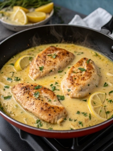 creamy lemon garlic chicken cooking in a skillet