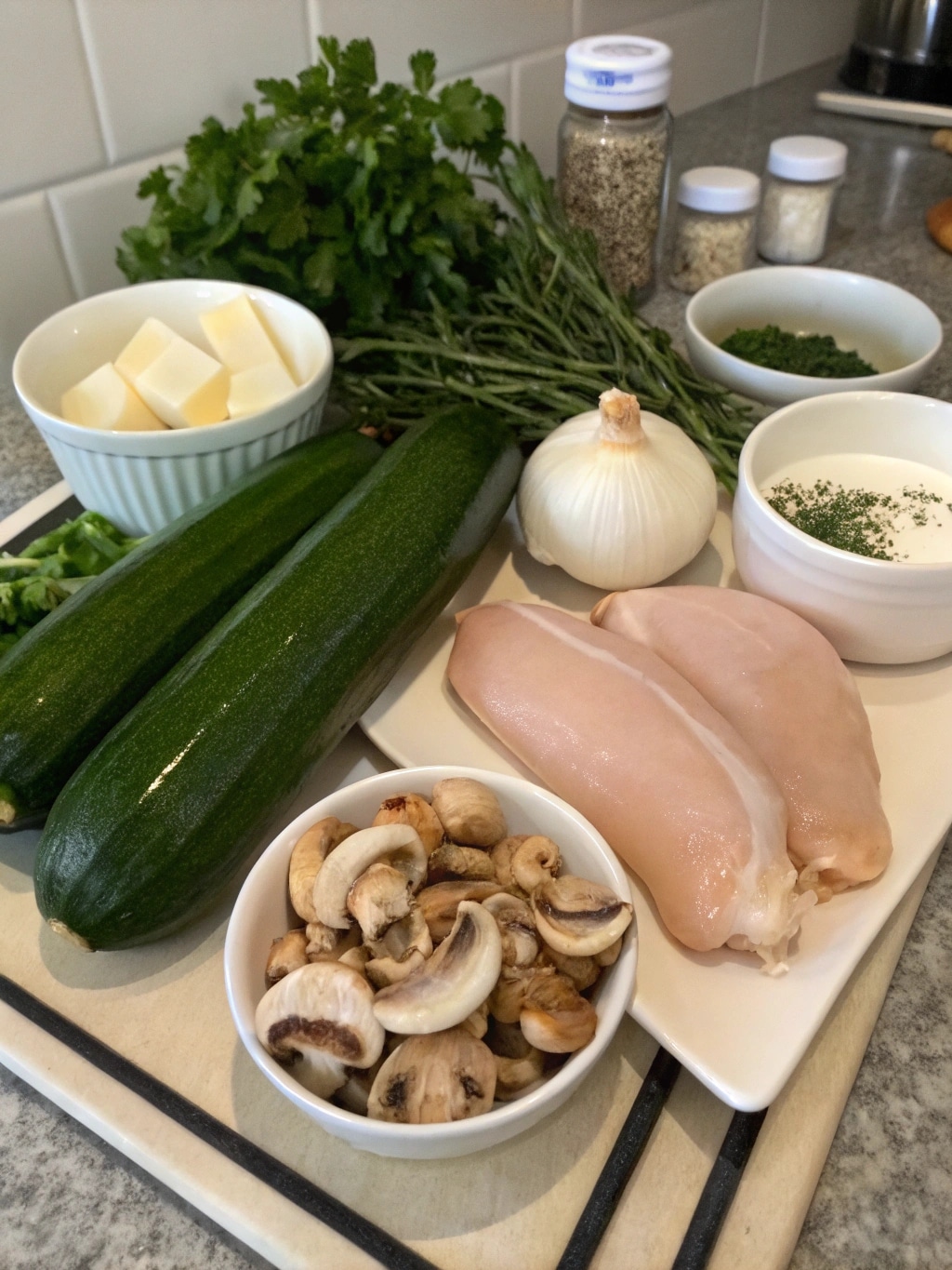 ingredients for zucchini mushroom soup with chicke