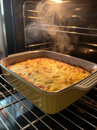 jiffy corn casserole cooking in the oven baking d