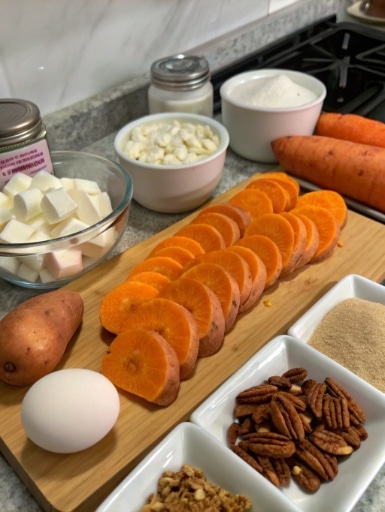 sweet potato casserole ingredients with sliced swe