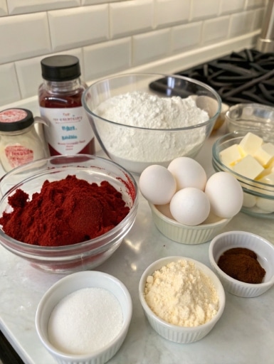 red velvet poke cake ingredients arranged on a kit