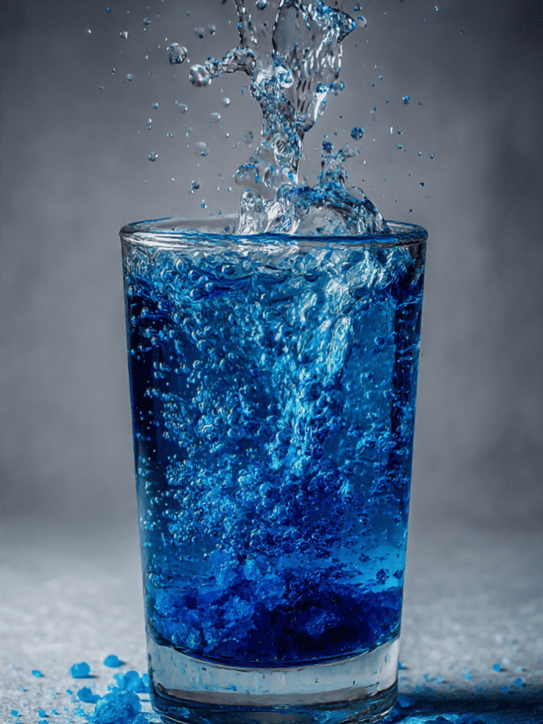 Blue salt trick drink in a glass cup for wellness