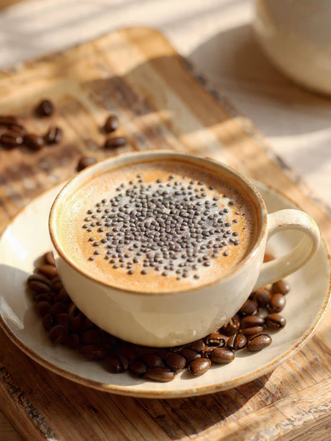 Chia seeds in coffee glass with spoon textured morning drink on wooden table