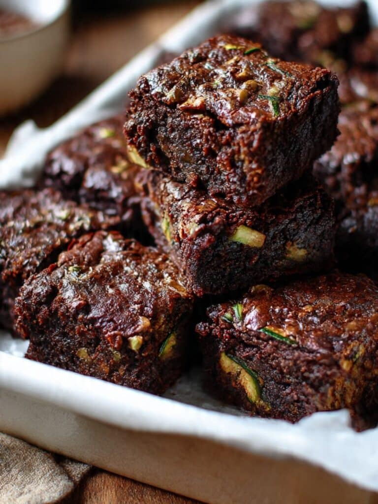 Zucchini brownie recipe close-up showing fudgy texture with green flecks