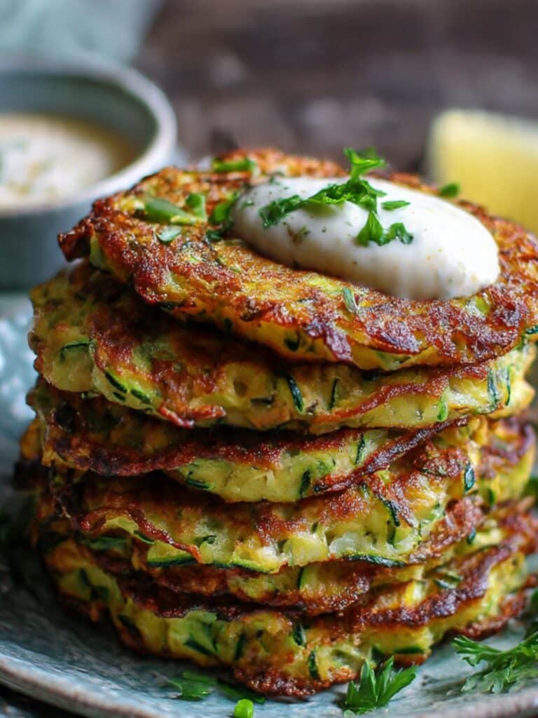 Zucchini fritters recipe served hot with crispy edges