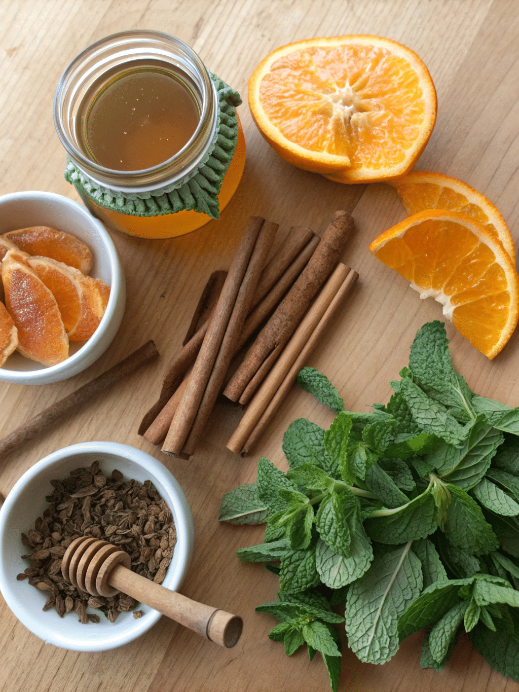 Costa Rican tea recipe ingredients on wooden board