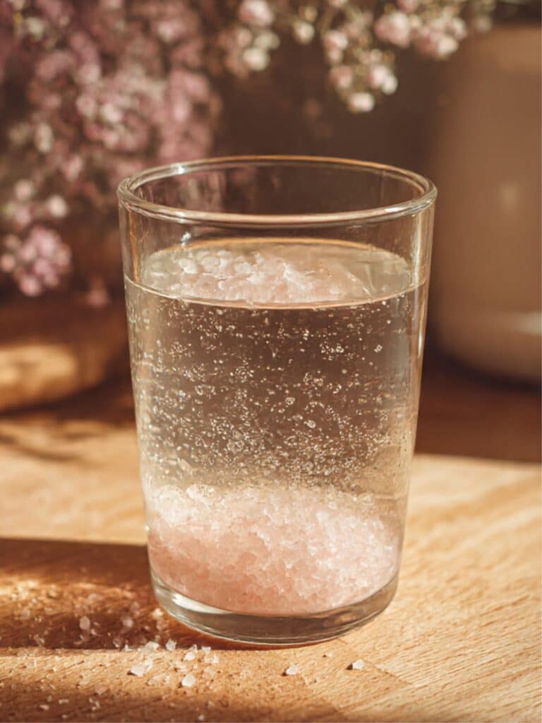 Pink salt diet drink in a glass cup for weight loss and hydration