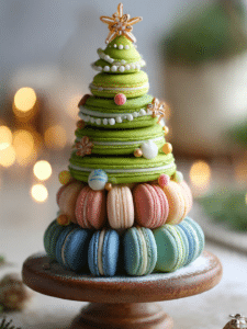 Christmas Tree Cake Macarons on wooden tray