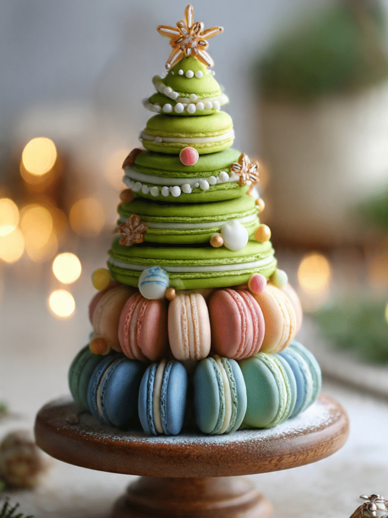 Christmas Tree Cake Macarons on wooden tray