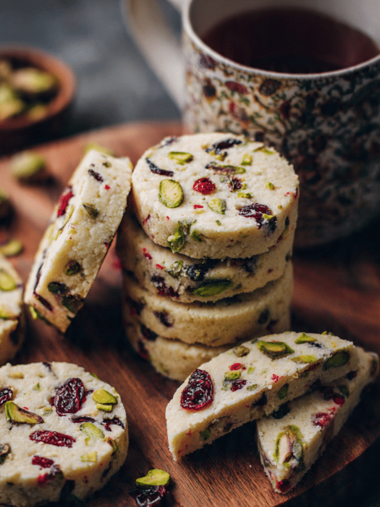 cranberry pistachio shortbread cookies on a holiday tray