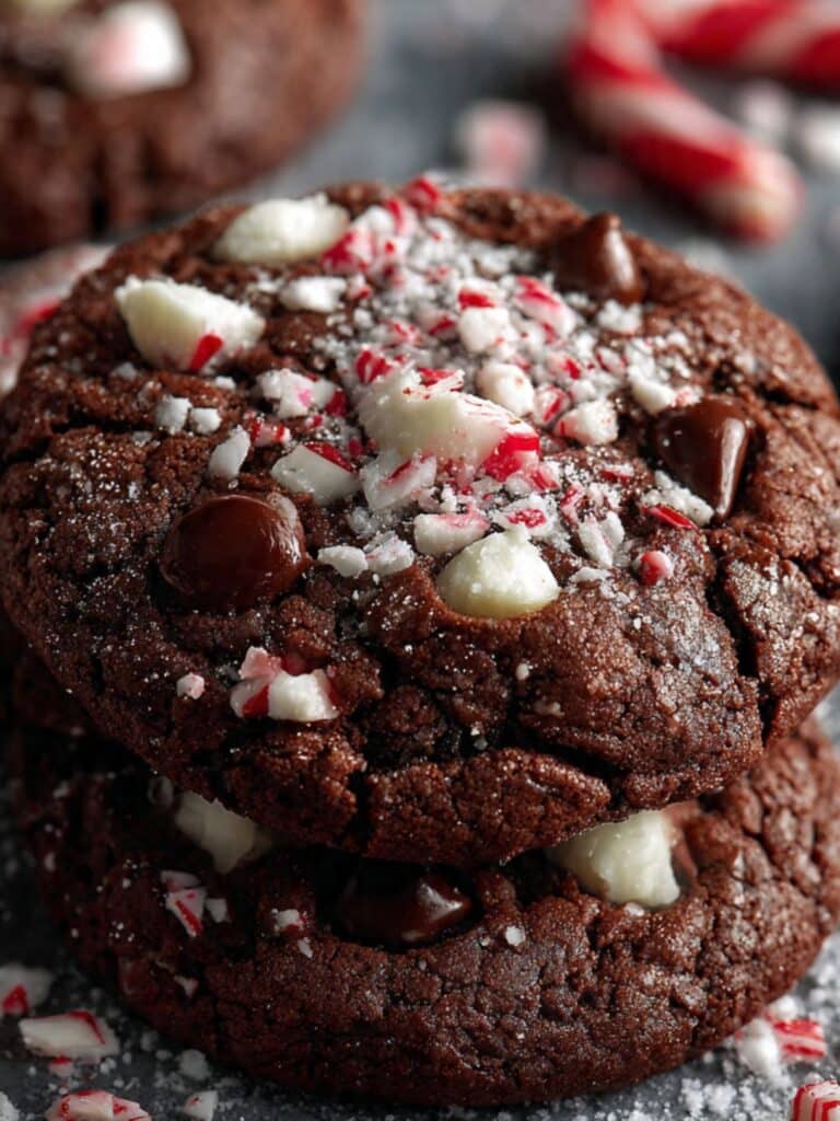 Double chocolate peppermint cookies with crushed candy canes on top, plated for a festive Christmas dessert