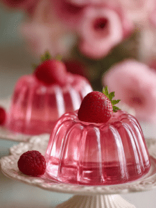 Dr Rocio pink gelatin recipe in glass jars with strawberries – creamy, light pink snack for weight loss and cravings