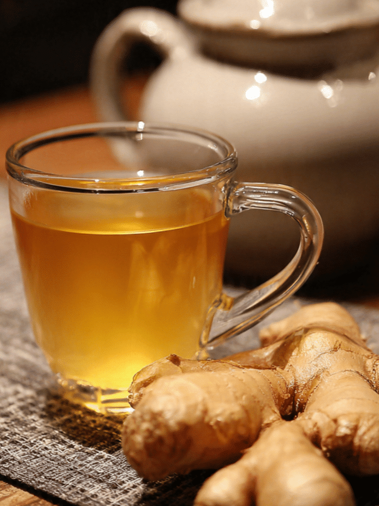 Ginger trick recipe fat-burning drink in glass mug on kitchen counter