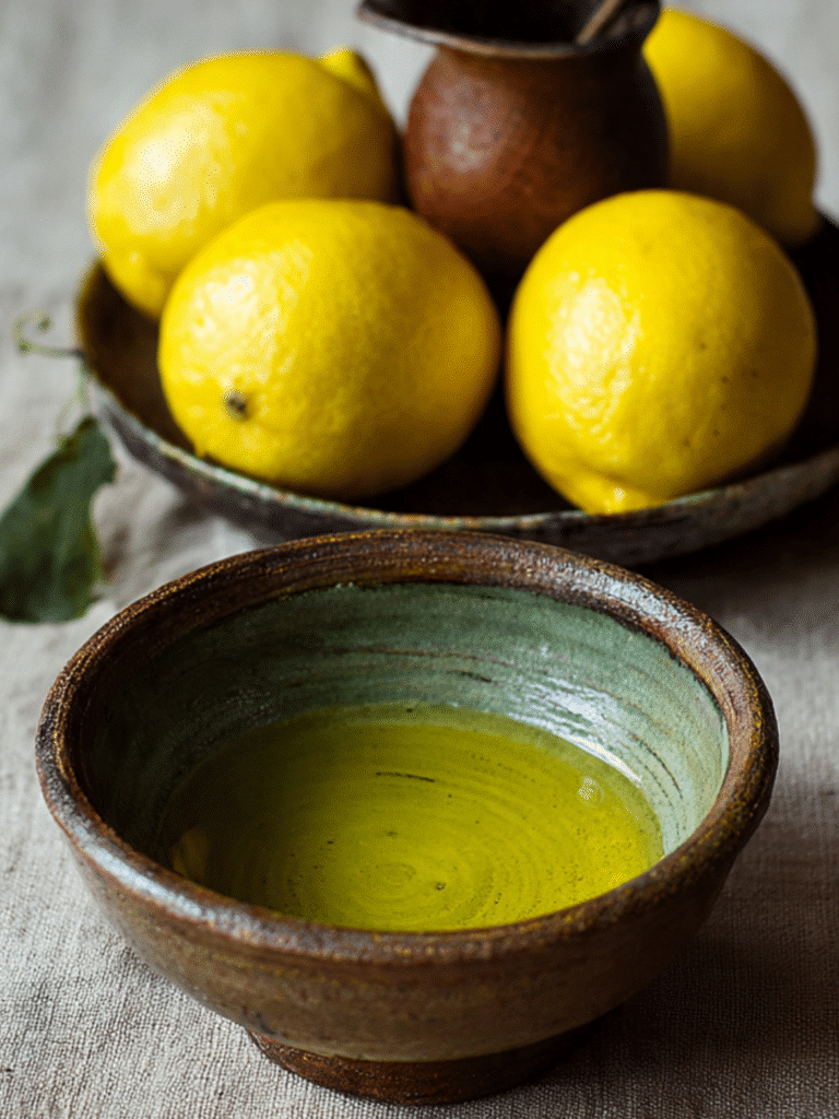 Lemon and olive oil bottle on rustic kitchen counter