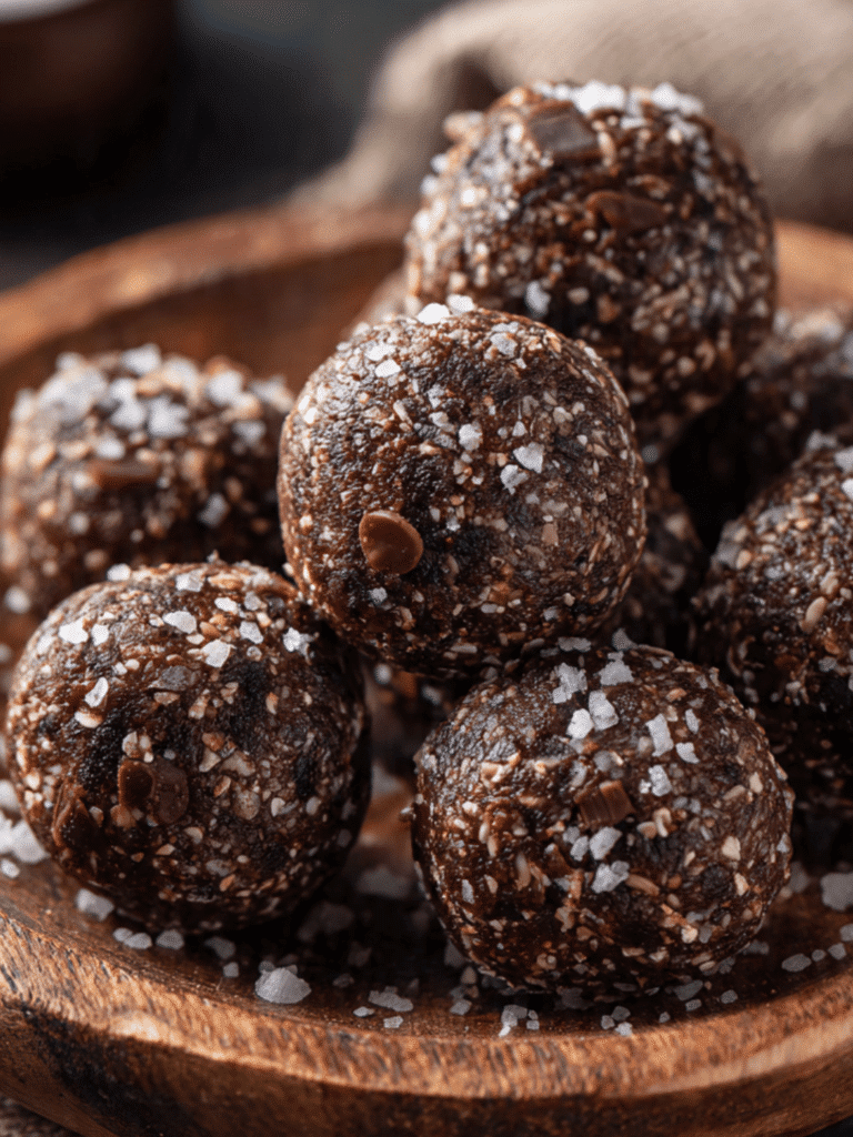 Salted chocolate protein balls no-bake snack rolled and stacked on white plate