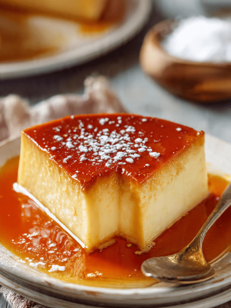 Leche flan recipe on white plate with caramel glaze and spoon