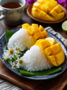 Mango sticky rice plated dessert with coconut and mango slices