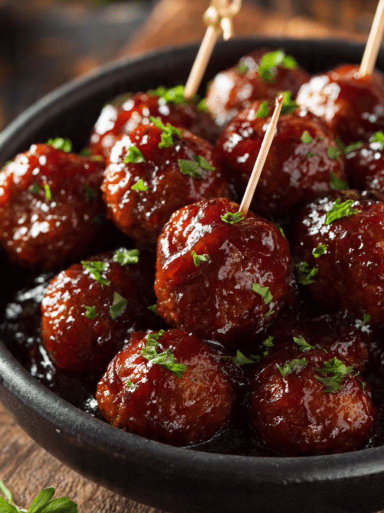 Meatballs with grape jelly in crockpot, sticky glaze, garnished with parsley