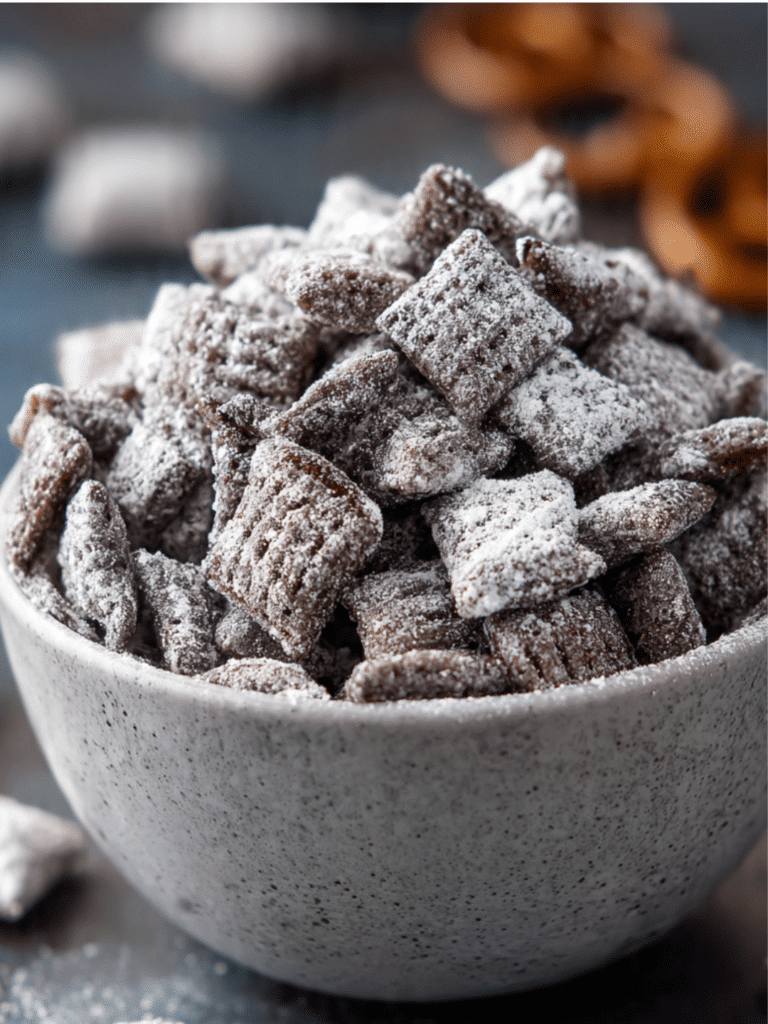 muddy buddies recipe with chocolate and powdered sugar