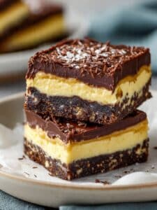 Nanaimo bars recipe featured image with custard layer, chocolate top, and coconut base