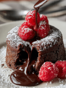 Chocolate lava cake with molten center on dessert plate