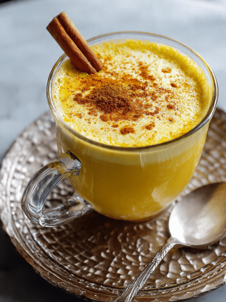 Golden milk recipe served warm in a ceramic mug
