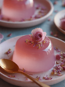 Rose milk gelatin recipe in glass with rose petals