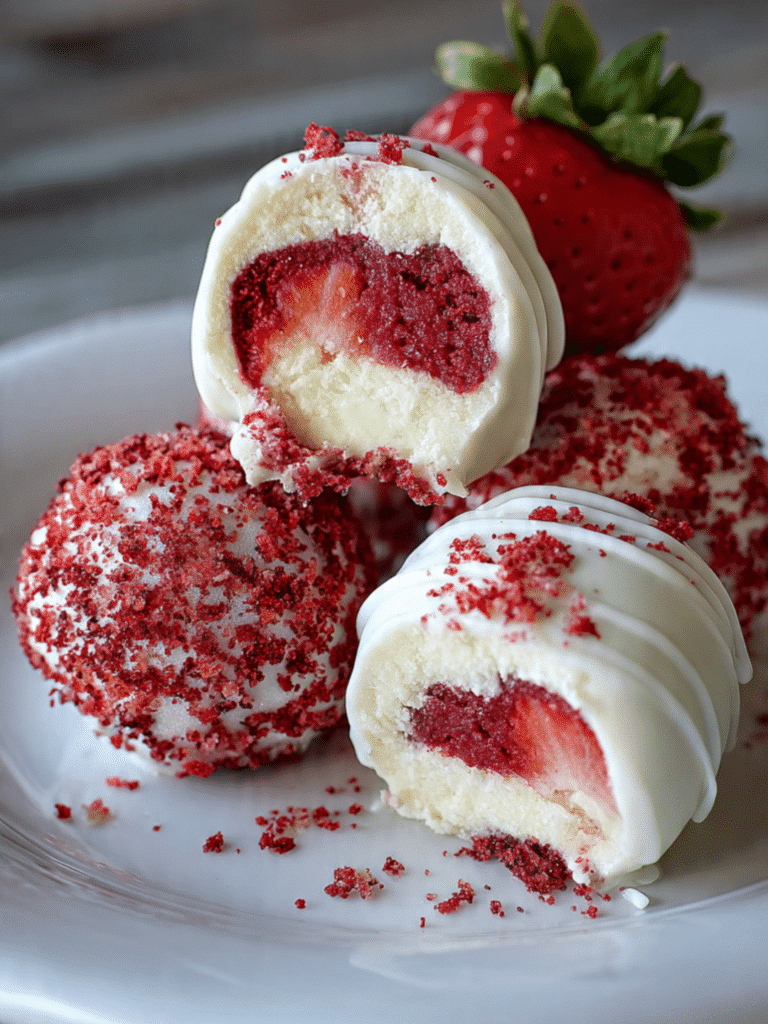 Strawberry Velvet Cheesecake Truffle Bites on plate