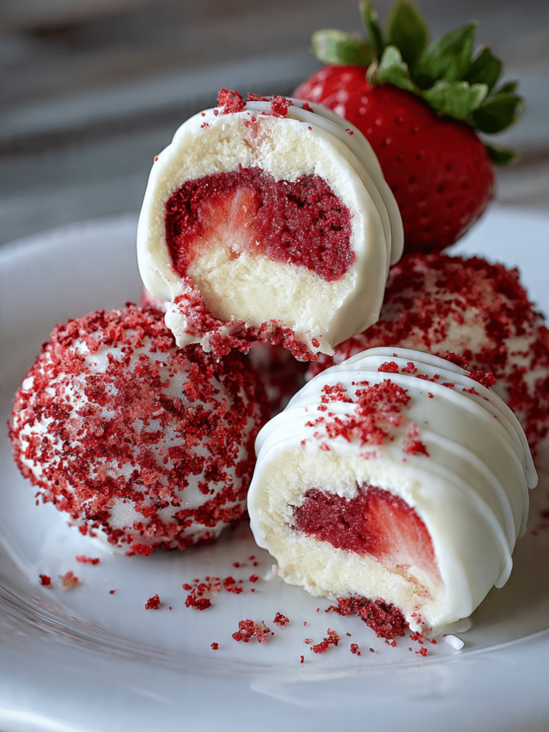 Strawberry Velvet Cheesecake Truffle Bites 1 Strawberry Velvet Cheesecake Truffle Bites on plate