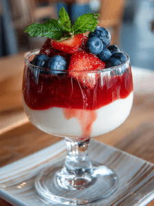 Panna cotta dessert with raspberry coulis on white ceramic plate