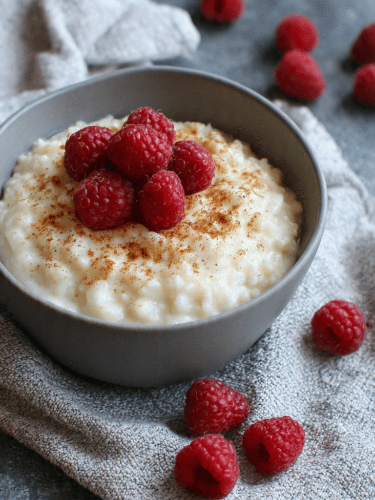 Creamy rice pudding recipe easy served in a rustic bowl with cinnamon
