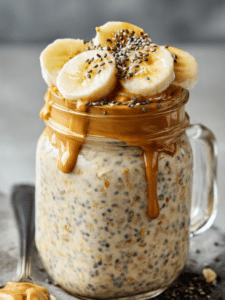Banana overnight oats in mason jar with sliced banana and chia seeds