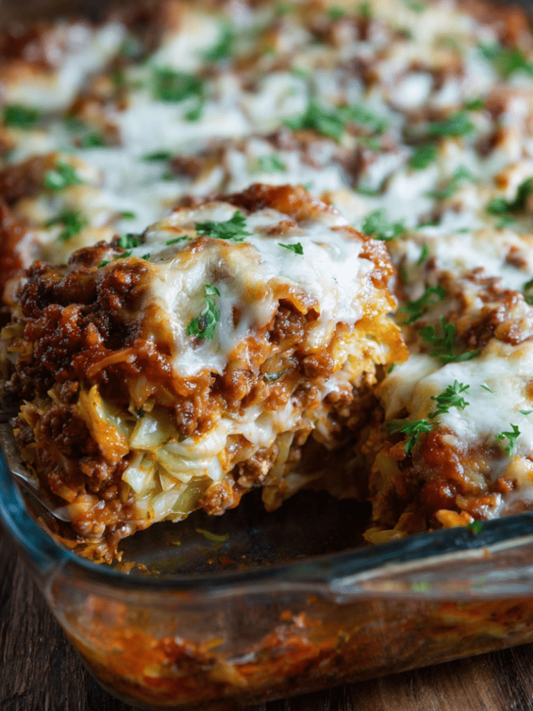 Home Page 1 Cabbage roll casserole baked in white dish with visible beef and cabbage layers