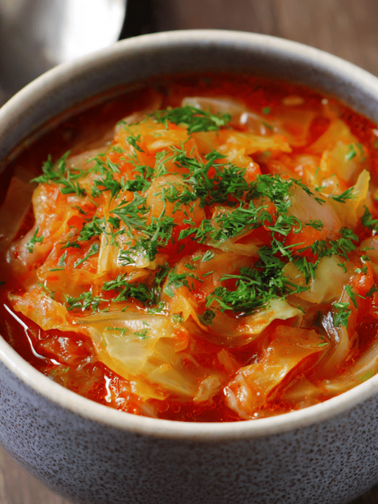 Cabbage soup recipe for weight loss served in a rustic bowl