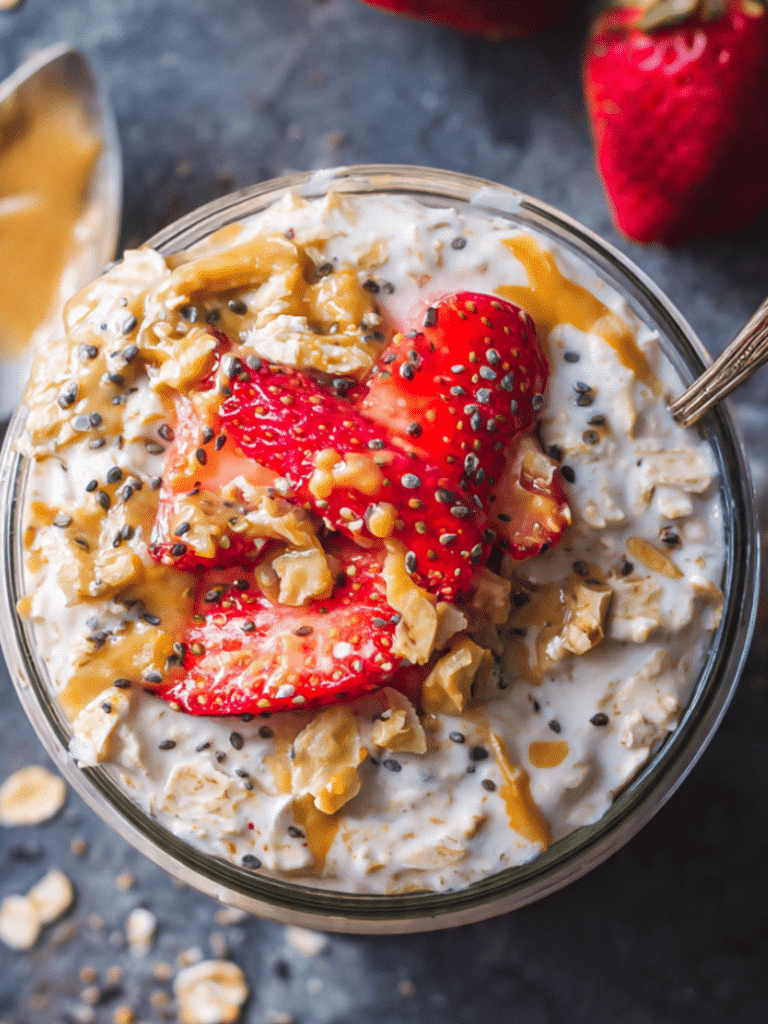 Home Page 1 High protein overnight oats in a glass jar with berries and chia seeds