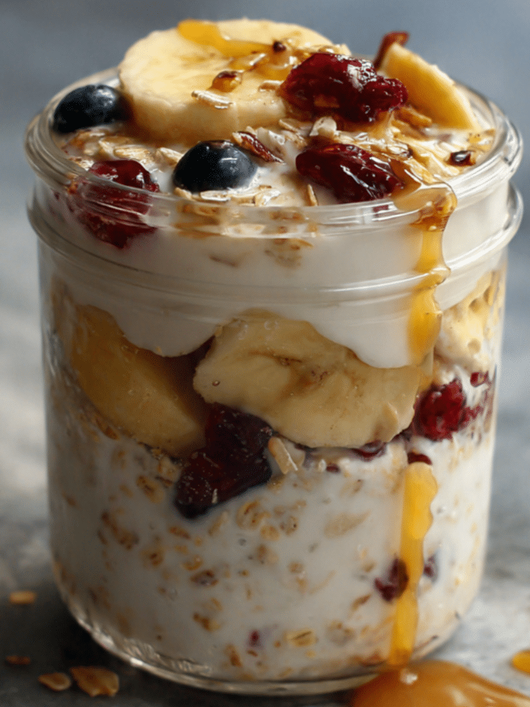 Overnight oats with yogurt in a jar topped with fresh berries