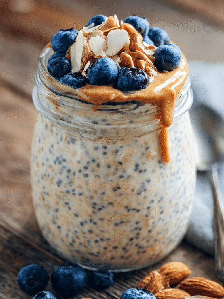 Overnight oats with chia seeds 1 Overnight oats with chia seeds topped with blueberries and almonds