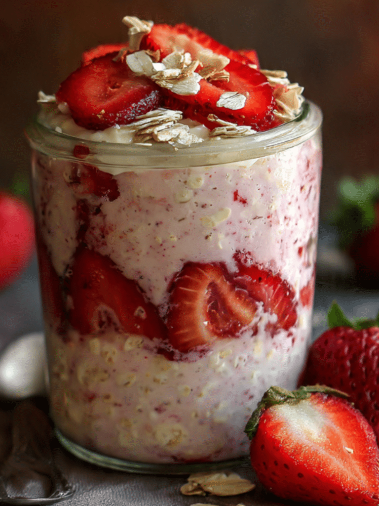 Strawberry overnight oats in glass jar topped with fresh strawberries