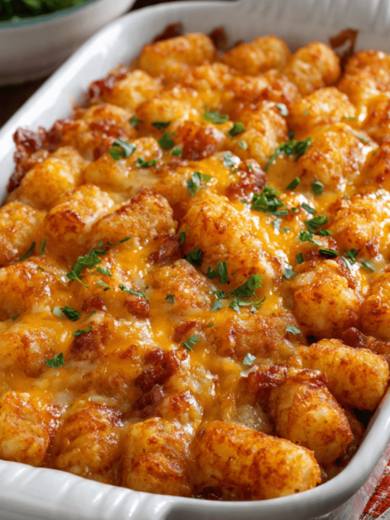 Home Page 1 Golden baked tater tot casserole recipe with crispy cheesy topping in glass dish