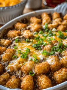 Tater tot casserole with ground beef topped with cheese