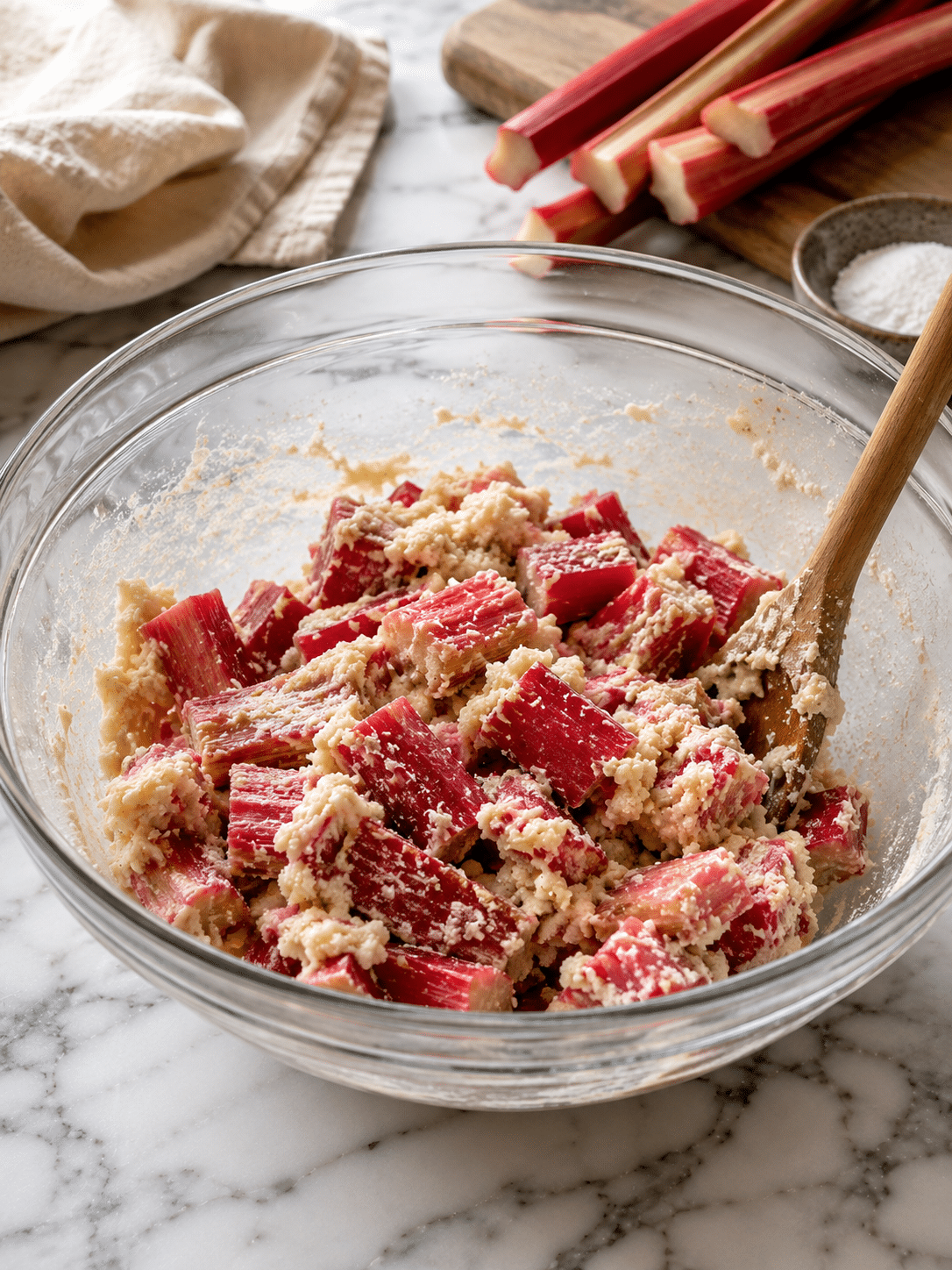 Bake until the topping is golden and the rhubarb filling is bubbling at the edges — about 40 to 45 minutes