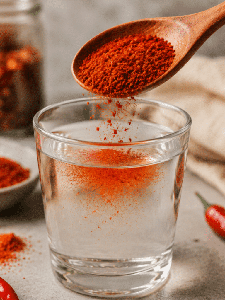 cayenne pepper trick recipe in a glass with fresh cayenne peppers and honey on a wooden counter