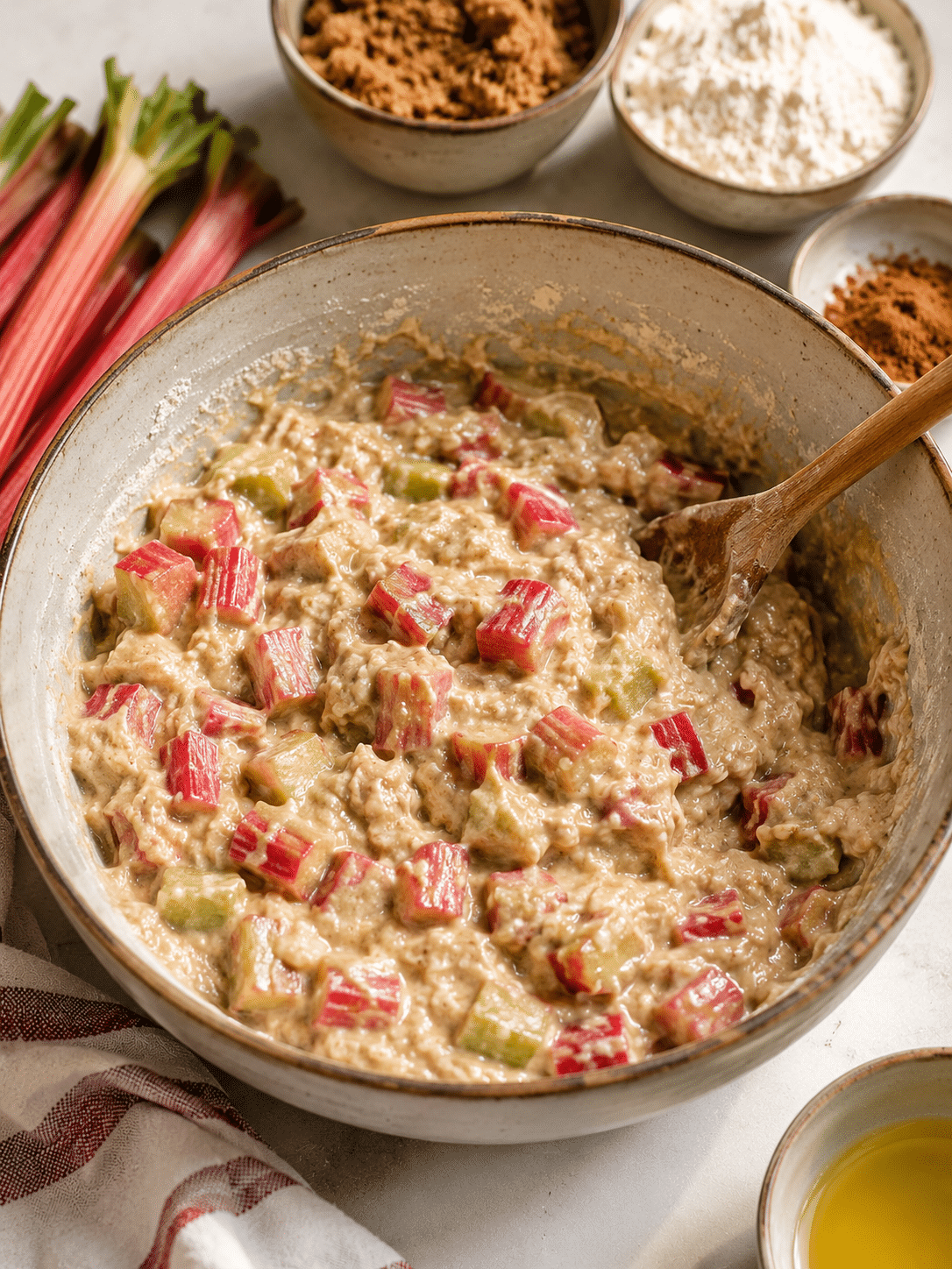 Gently fold the rhubarb into the batter — a few strokes is all you need